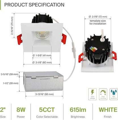 ASD 2 Inch LED Recessed Lighting with Junction Box, 8W 600 Lm, Dimmable Anti-Glare Downlight, 2700K/3000K/3500K/4000K/5000K Selectable, CRI 90+, Square White Trim, IC Rated, ETL, Energy Star, 18 Pack