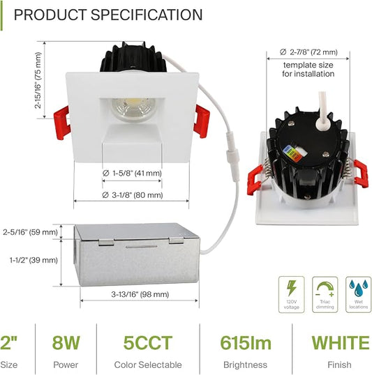 ASD 2 Inch LED Recessed Lighting with Junction Box, 8W 600 Lumens, Dimmable Anti-Glare Downlight, 2700K/3000K/3500K/4000K/5000K Selectable, CRI 90+, Square White Trim, IC Rated, ETL, Energy Star