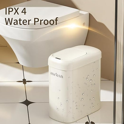 MRBIN Motion Sensor Adsorption Bag Bathroom Trash Can with Lid and Wheels, 10L/2.6gal Automatic Waste Basket Slim Electric Metal Garbage Bin for Office, Bedroom, Rv, Cream White