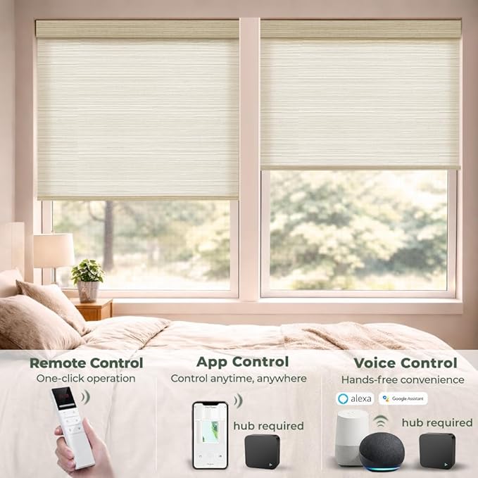 ZSHINE Motorized Linen-Look Roller Shades for Windows, Rechargeable Smart Light Filtering Blinds Compatible with Alexa (82190A)