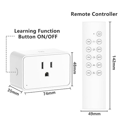 G-Homa Remote Control Outlet, Wireless Electrical Outlets Switch Plug for Household Appliances, Christmas Lights, 100FT Long Range, Learning Code, 1875W/15A, FCC & ETL Listed (5 Sockets+2 Remotes)