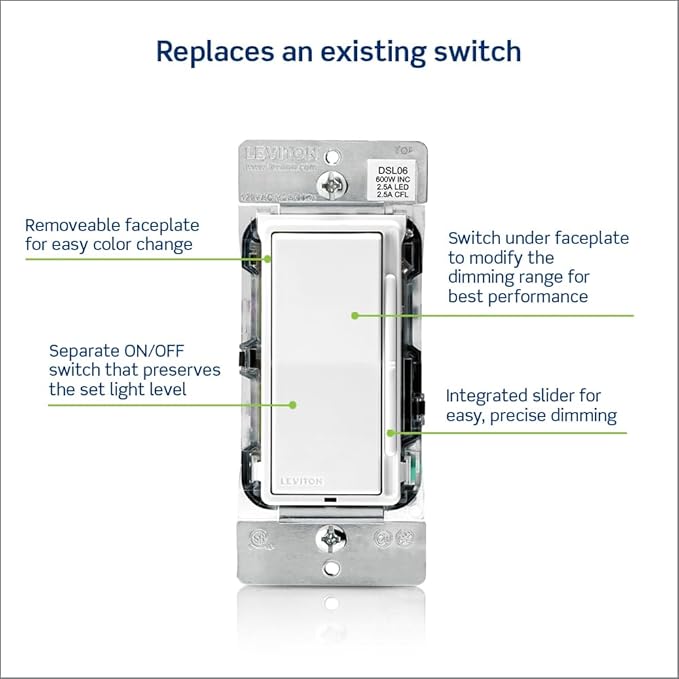Leviton Decora Slide Dimmer Switch Antimicrobial Treated for Dimmable LED, Halogen and Incandescent Bulbs, DSL06-2AW, White