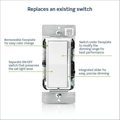 Leviton Decora Slide Dimmer Switch Antimicrobial Treated for Dimmable LED, Halogen and Incandescent Bulbs, DSL06-2AW, White