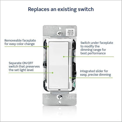 Leviton Decora Slide Dimmer Switch for Dimmable LED, Halogen and Incandescent Bulbs, DSL06-1LZ, White with Ivory and Light Almond Faceplates