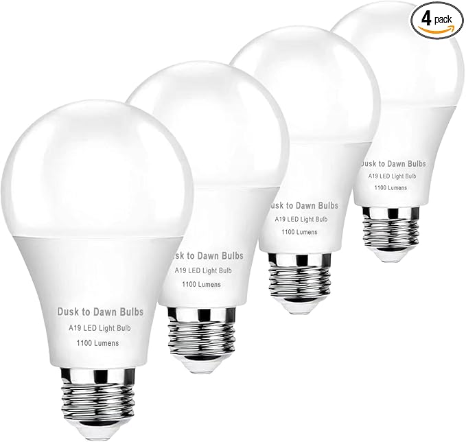 4-Pack Dusk to Dawn LED Light Bulbs, 75W Equivalent, Daylight 5000K 1,100LM, Automatic On/Off Outdoor Light, E26 A19 10W Bright Porch Light Bulbs, for Indoor/Outdoor Yard Patio Garage Garden