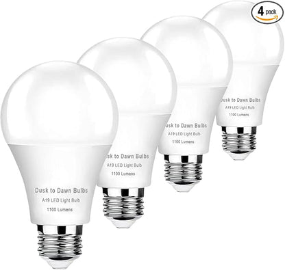 4-Pack Dusk to Dawn LED Light Bulbs, 75W Equivalent, Daylight 5000K 1,100LM, Automatic On/Off Outdoor Light, E26 A19 10W Bright Porch Light Bulbs, for Indoor/Outdoor Yard Patio Garage Garden