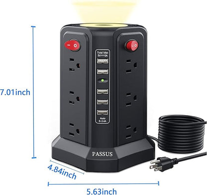 Surge Protector Power Strip Tower with 5 USB Ports and Night Light, 10FT Extension Cord with 12 AC Multiple Outlets, PASSUS Power Tower, Overload Protection for Home Office Dorm Room (2PC-Black)