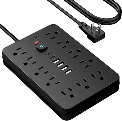 JouleLoom 15 FT Flat Plug Surge Protector Power Strip,11 Multiple AC Outlets with 6 USB Ports (2 USB C), 15 Feet Extension Cord, 1250W/10A, One Touch Switch Button, 17 in 1 Compact powerstrip