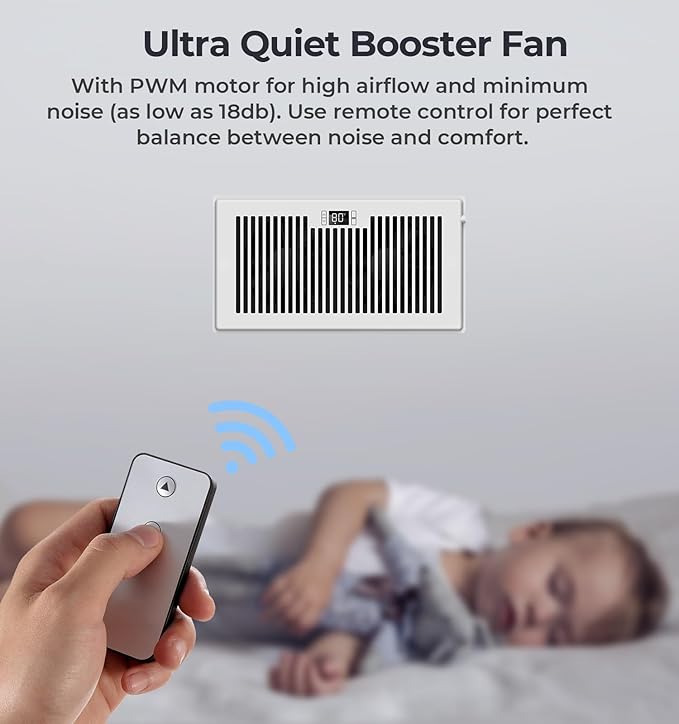 BIOWIND Quiet Register Booster Fan Fits 6" x 12" Register Holes, 10-Speed Smart Heating Cooling AC Vent Fan with Remote Control and Thermostat Control - White