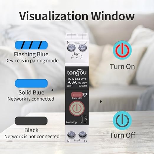 TONGOU Smart Home DIN Rail WiFi Switch, 1P+N 1‑63A, Over-Current Protection, Tuya/Smart Life Remote Control, Voice Control via Alexa &Google Assistant, Energy Monitor, Timer Functions, FCC Certified