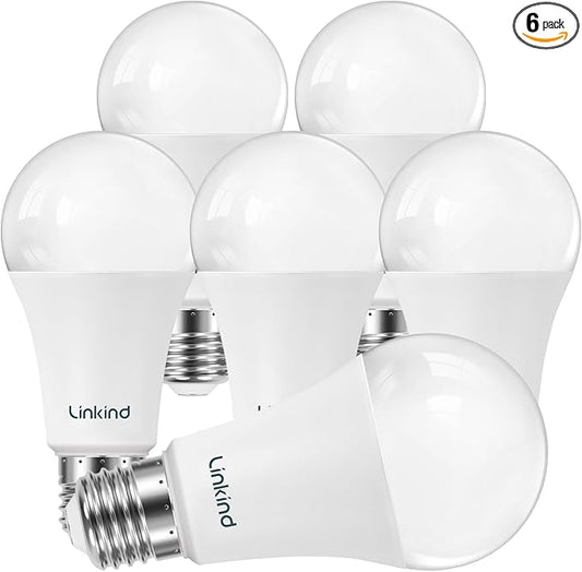 Linkind A19 LED Light Bulbs Dimmable, 100W Equivalent Light Bulbs, 16W, 5000K Daylight, 1600 Lumens LED Bulbs, E26 Standard Base, 120V, Lighting for Bedroom Living Room Home Office, 6 Packs