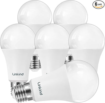 Linkind A19 LED Light Bulbs Dimmable, 100W Equivalent Light Bulbs, 16W, 2700K Soft White, 1600 Lumens LED Bulbs, E26 Standard Base, 120V, Lighting for Bedroom Living Room Home Office, 6 Packs