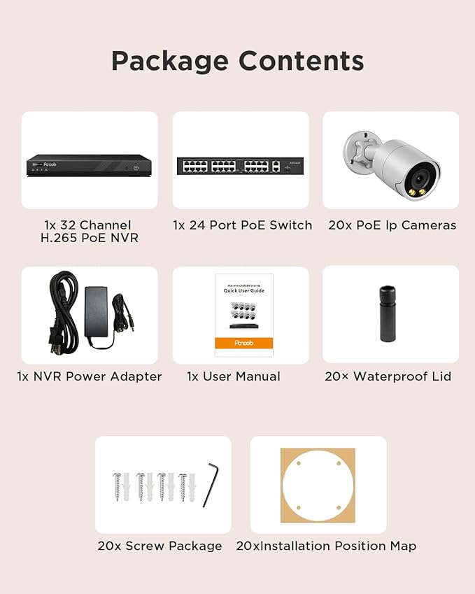 32 Channel Security Camera System for Business, 4K 32CH PoE NVR 8TB HDD, 20x 5MP Wired IP PoE Cameras Outdoor, Smart Color Night Vision, AI Human Vehicle Detection, Built-in Mic, PB38F2032-5M