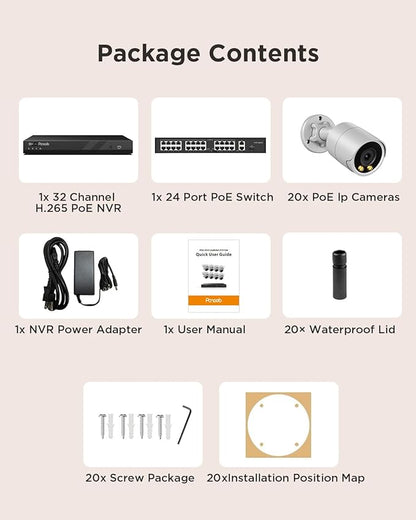 4K 32 Channel Security Camera System for Commercial, 20X 8MP Wired Outdoor IP PoE Cameras,Human Vehicle Detection, Smart Color Night Vision,Built-in microphone, 4K 32CH NVR 8TB HDD,PB38F2032-8M