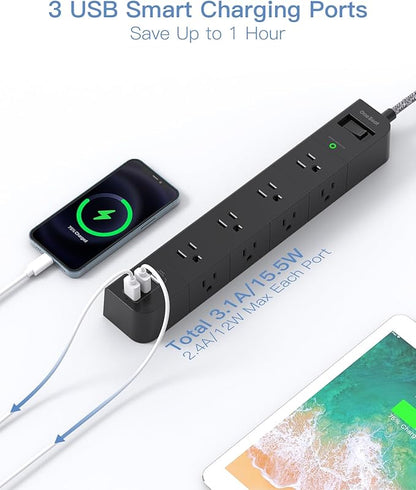 10 ft Surge Protector Power Strip, Flat Plug Extension Cord with 8 Widely Spaced AC Outlets and 3 USB Ports, ETL Listed Desktop Charging Station for Home Office Travel Computer Wall Mount, Black
