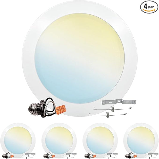 LUXRITE 8 Inch LED Disk Lights, 27W, 5CCT 2700K | 3000K | 3500K | 4000K | 5000K, Flush Mount Recessed Retrofit Ceiling Light, 2000LM, Dimmable, J-Box or 6" Can Install, Energy Star, ETL (4 Pack)