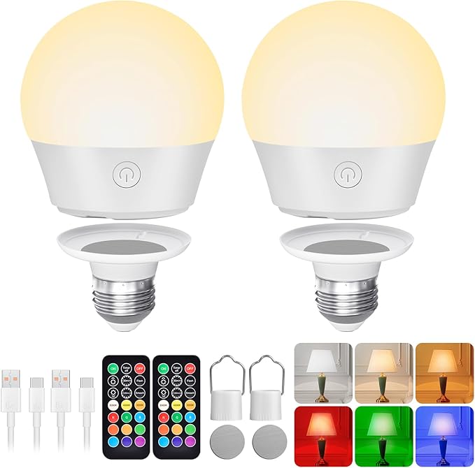 Lampelc E26 Battery-Operated Rechargeable Light Bulbs with Remote and Timer for Lamps, Sconces, and Non-Hardwired Fixture, 3 Color Temperatures + 9 RGB Colors, Detachable Charging – 2 Pack