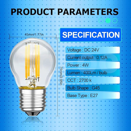 SOFOC G45 LED Bulb 24V DC E27 Base Outdoor Solar Lights Warm White 2700K Classic 4W Low Voltage Light 400LM High Color Rendering Vintage Edison Style Bulb No Dimmable 1Pcs