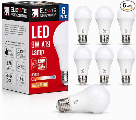 (6 Pack) Elevate LED A19 Light Bulbs, 9W (60W Equivalent), 3000K Warm White, E26 Base, Energy-Efficient Replacement for Lamps, Ceiling Fixtures, Residential & Commercial Use