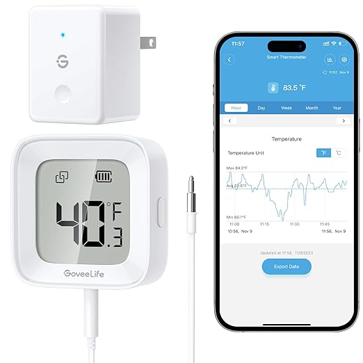 GoveeLife WiFi Refrigerator Thermometer with Alarm, Wireless Digital Freezer Temperature Gauge with App Control, LCD Display, 2 Years Free Data Export, for Fridge Hot Tub (Only Support 2.4G WiFi)