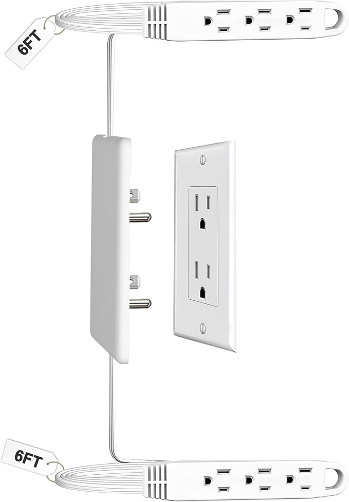 CABOCASA Dual 6FT Ultra-Thin Outlet Concealer, Universal Size Outlet Cover 6FT Twin Extension Cord with 3 Outlets Each Side, Ideal for Home Appliances on Opposite Sides
