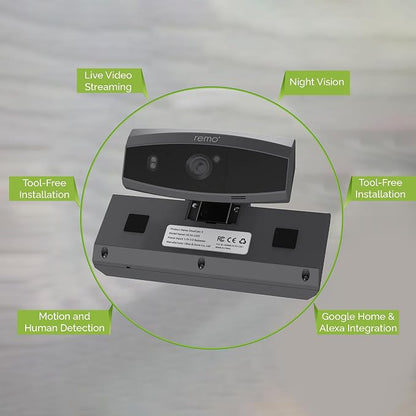 Remo+ DoorCam 3 Over-The-Door Wireless Security Camera, 12-Hour Rolling Video Storage with No Subscription, 1080p Video, Night Vision, 2-Way Talk, AI with Human Detection & Alexa Compatibility