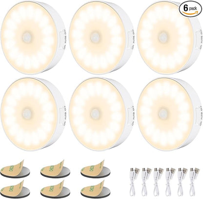 14 LEDs Motion Sensor Light Indoor, 6 Pack Upgraded Night Light USB Rechargeable, 3 Light Modes & Long Last Battery, Cordless Magnetic Nightlight for Bedroom, Closet, Hallway - Warm White
