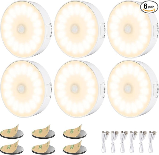 14 LEDs Motion Sensor Light Indoor, 6 Pack Upgraded Night Light USB Rechargeable, 3 Light Modes & Long Last Battery, Cordless Magnetic Nightlight for Bedroom, Closet, Hallway - Warm White