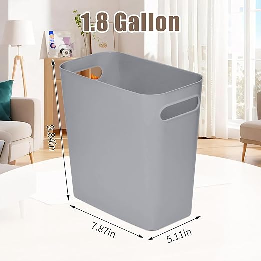Versatile 1.8 Gallon Plastic Trash Can - The Compact Bin for Bathroom, Kitchen, or Home Office - Grey