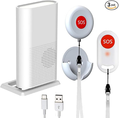 Wireless Caregiver Call Button, Rechargeable Caregiver Pager for Elderly, Call Bell for Elderly at Home,Medical Life Alert Systems for Seniors with Portable Receiver / Emergency Button with Pull Rope