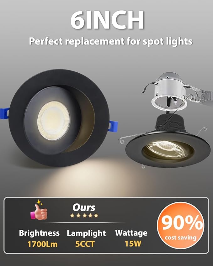 Adetu 5CCT Gimbal Black Led Recessed Lighting 6 inch, 360°+90° Adjustable Directional 6 inch Led Recessed Light, 2700K-5000K Dimmable Eyeball Canless Downlight with Jbox, ET (Black, 6 Pack)