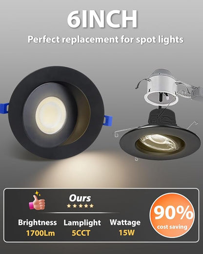 Adetu 5CCT Gimbal Black Led Recessed Lighting 6 inch, 360°+90° Adjustable Directional 6 inch Led Recessed Light, 2700K-5000K Dimmable Eyeball Canless Downlight with Jbox, ET (Black, 6 Pack)