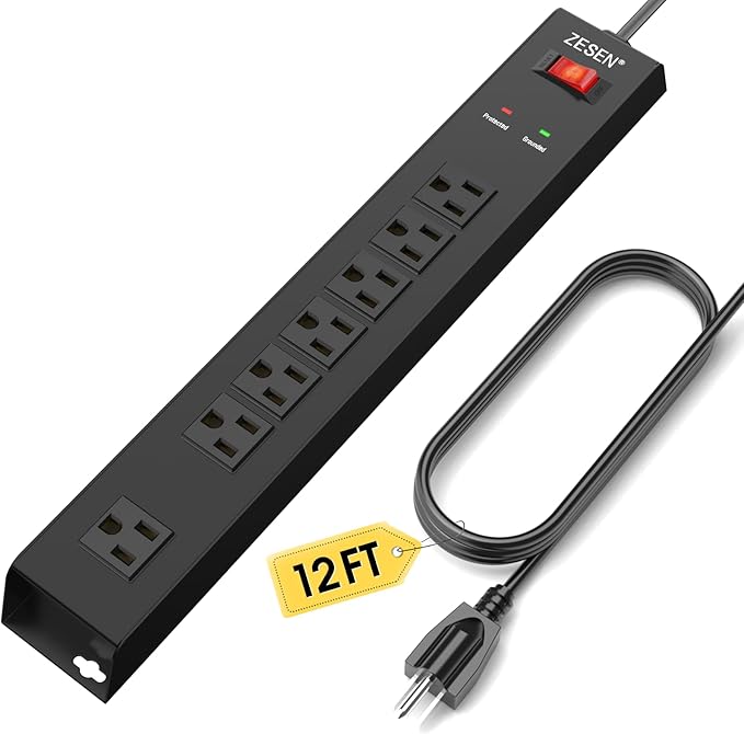 ZESEN 7 Outlet Metal Long Power Strip with Overload Protection & 1500J Surge Protection, 12ft Cord Wall Mounted Industrial Power Strip for Office Workshop Garage, ETL Listed(15A/1875W), Black