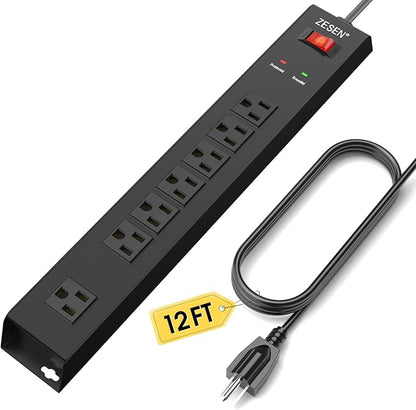 ZESEN 7 Outlet Metal Long Power Strip with Overload Protection & 1500J Surge Protection, 12ft Cord Wall Mounted Industrial Power Strip for Office Workshop Garage, ETL Listed(15A/1875W), Black
