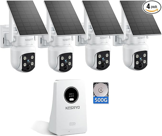 Solar Security Cameras Wireless Outdoor, 4MP Solar Powered Home Security Cameras System, 4 Cam kit, Color Night Vision, 360° PTZ, 500G HDD Local Recording, No Monthly Fees