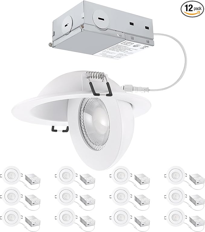 POPANU 4 inch LED Gimbal Recessed Light, 9W 750lm Eyeball Sloped Ceiling Task Lighting, Soffit Wafer Indoor Directional Lighting, 90° Tilt and 360° Rotation Recessed Lighting 4 inch White 12Pack