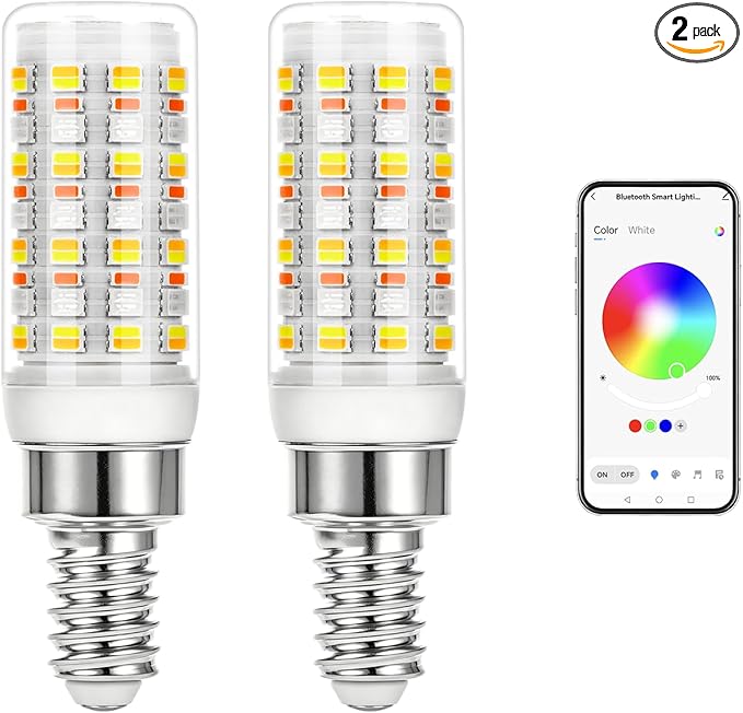 E12 LED Bulb, Smart Bluetooth RGB Color Changing Light Bulb with APP Control, AC 120V, 4W 400LM, 2700K-6500K Dimmable White,16 Million Colors,Brightness 1-100%,Timing & Music Mode (2 Pack, Bulbs Only）