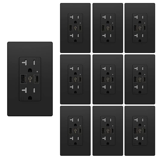 Micmi USB Outlet with C + A Wall Dual High Speed Receptacle Smart 4.8A Fast Charging Capability, 20Amp 125Volt, Tamper Resistant Wall Plate Included UL Listed (10Pack, Black, 20 Amp Outlet)