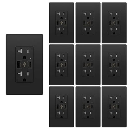 Micmi USB Outlet with C + A Wall Dual High Speed Receptacle Smart 4.8A Fast Charging Capability, 20Amp 125Volt, Tamper Resistant Wall Plate Included UL Listed (10Pack, Black, 20 Amp Outlet)