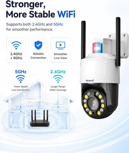 JideTech 5MP Outdoor PTZ WiFi Security Camera, 5X Optical Zoom, Dual Band 2.4G/5G Wireless, Auto Tracking, Human Detection, Color Night Vision, Red & Blue Warning Light, NVR Compatible