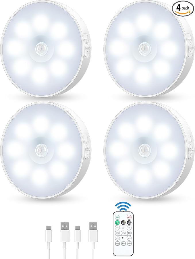 Motion Sensor Puck Light with Remote, Wireless Dimmable Under Cabinet Lights, Rechargeable Magnetic Closet Light, Stick on Night Light, 4-Pack