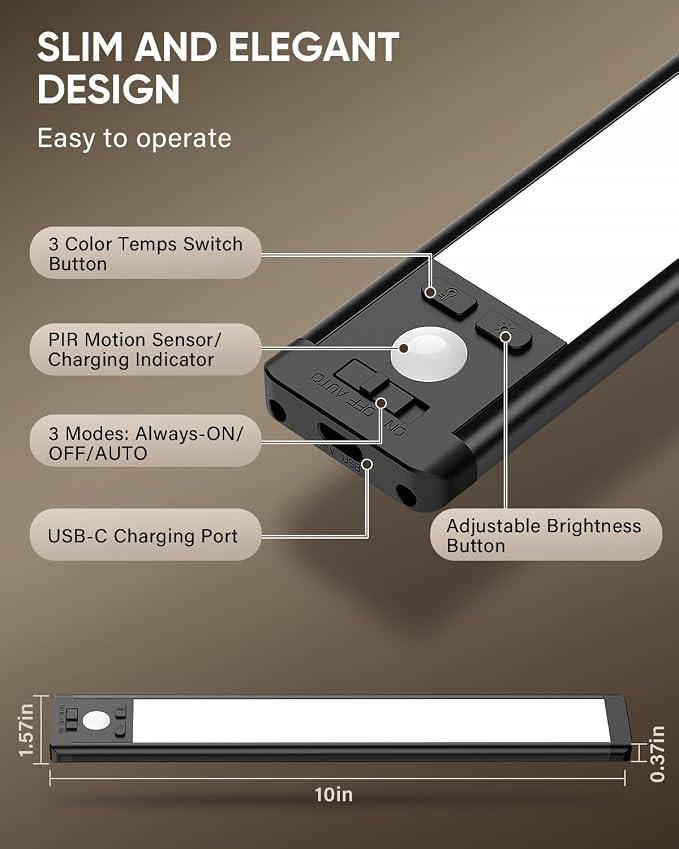 MCGOR 10inch Under Cabinet Lighting, Wireless Motion Sensor Light, 5 Pack