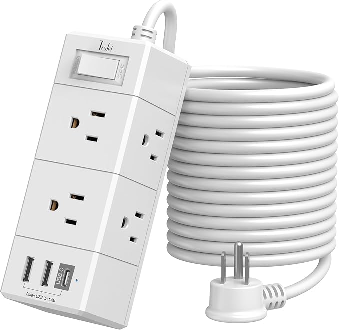 15Ft Extension Cord Flat Plug Power Strip - Tcstei 3-Side Outlet Extender with 6 AC Outlets and 3 USB Ports (1 USB C), Compact for Home, Office, Dorm Room Essentials, White