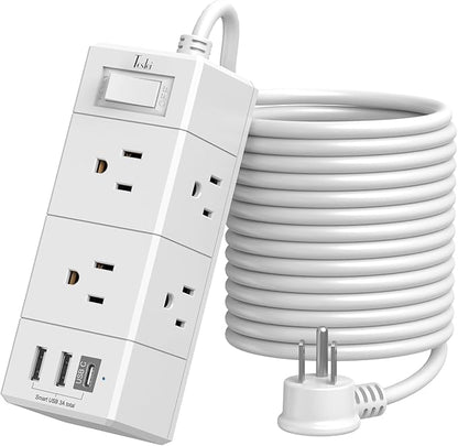 15Ft Extension Cord Flat Plug Power Strip - Tcstei 3-Side Outlet Extender with 6 AC Outlets and 3 USB Ports (1 USB C), Compact for Home, Office, Dorm Room Essentials, White
