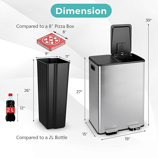 Goplus Dual Trash Can, 16 Gallon/ (2x30L) Double Trash and Recycling Bin Combo for Kitchen, Stainless Steel Garbage Can with 2 Removable Inner Buckets, Soft Closure & Step-on Pedal