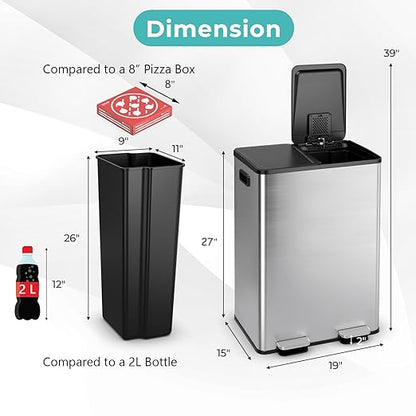 Goplus Dual Trash Can, 16 Gallon/ (2x30L) Double Trash and Recycling Bin Combo for Kitchen, Stainless Steel Garbage Can with 2 Removable Inner Buckets, Soft Closure & Step-on Pedal