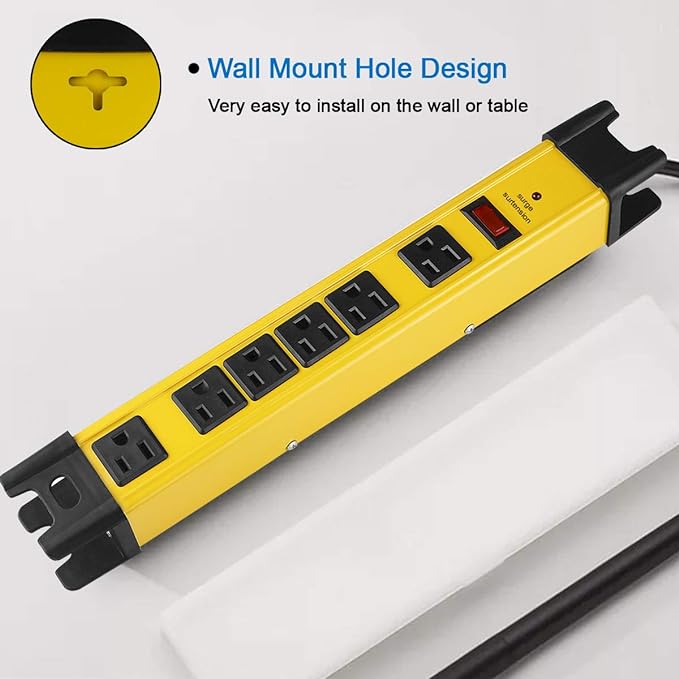 CCCEI Heavy Duty Power Strip Surge Protector with 15A, 6 Plug Industrial Shop Workshop Garden Metal Multiple Outlets, 6FT Extension Cord 1200 Joules ETL Listed, Yellow