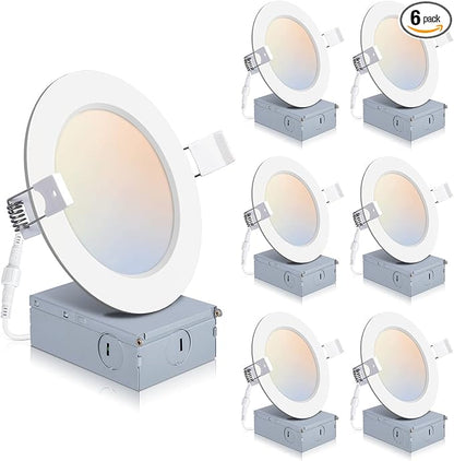 POWERASIA 6 Pack 4 Inch LED Recessed Lights with Junction Box, Recessed Lighting 4 Inch 5CCT Dimmable 2700K-6000K, 9W 850lm Canless Downlight-ETL and Energy Star Certified