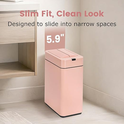 SYNCVIBE Sensor Trash Can with Butterfly Lid 2.6 Gallon Rectangular Automatic Garbage Can, Stainless Steel Trash Bin, Slim Waterproof Wastebaskets with Lid Soft Close for Under Counter, Pink
