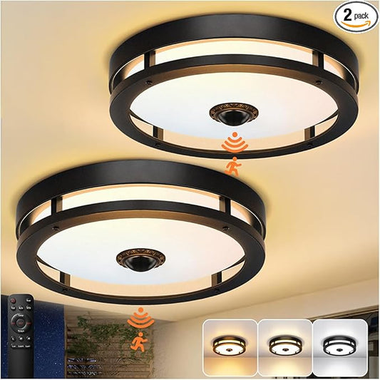 Outdoor Motion Sensor Ceiling Light with Remote,24W Dimmable & 2700K-3000K Adjustable Exterior Flush Mount Ceiling Lights,12" Outdoor Porch Light Fixture for Garage,Entryway,Patio,2 Pack